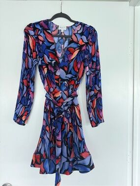 Milly Multicolor Blue Floral Long Sleeve Dress with Tie